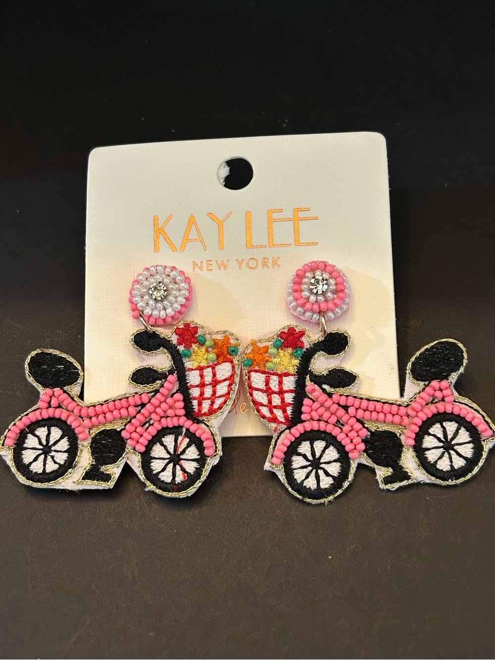 Kay Lee Pink,White & Black Handcrafted Beaded Boho Design Bicycle Earrings